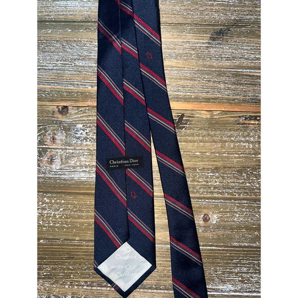 Christian Dior Tie Paris New York Classic Navy Red Stripe Timeless Mens - Picture 3 of 5